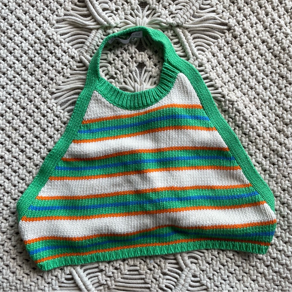 Zara Y2K Green Striped Tie Backless Halter Knit Top Size M